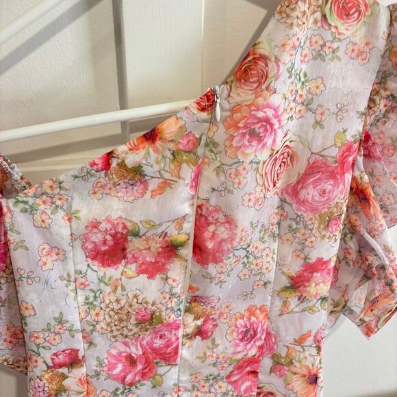 PrettyLittleThing One Shoulder Draped Chiffon Bodycon Dress Pink Floral Sz 6NWT - Picture 11 of 12